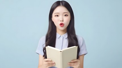 Fototapeta premium Asian Woman Studying A Book With Thoughtful Expression Against Neutral Wall