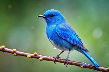 A periwinkle blue bird sitting on a branch with small droplets of dew dripping from its feathers, bird, branches, natural scenery, periwinkle, bird in nature