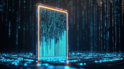 A glowing digital frame surrounded by cascading binary code, representing advanced technology and data flow in a futuristic environment.