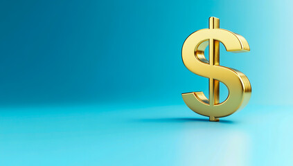 Obraz premium 3D render of a shiny gold dollar sign placed on top of a luxury golden bar, isolated on a smooth blue background with soft lighting effects.