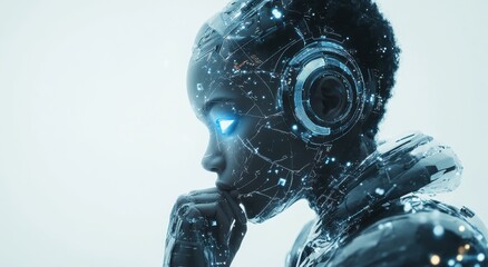 Futuristic Cybernetic Portrait of a Human-like Robot with a Transparent Face, Blue Glowing Eyes, and High-tech Headphones Against a Light Background