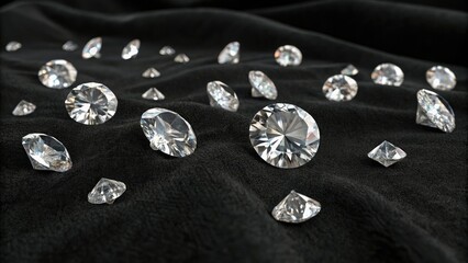 A collection of isolated raw diamonds scattered across a black velvet surface with varying sizes and shapes, textured, diamonds, glinting, velvety