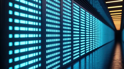 Illuminated data center corridor with glowing blue panels and a modern futuristic design.