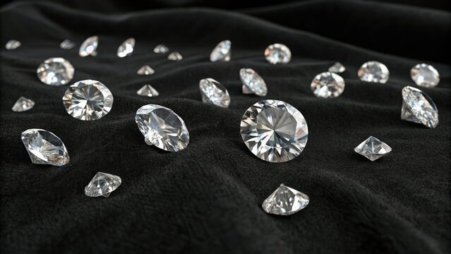 A collection of isolated raw diamonds scattered across a black velvet surface with varying sizes and shapes, textured, diamonds, glinting, velvety