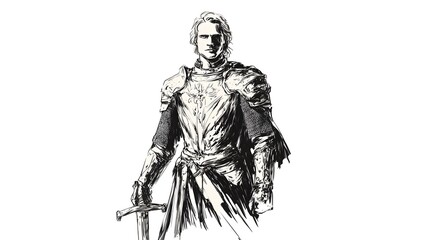 Fototapeta premium Heroic Knight in Ornate Armor Holding Glowing Sword on White