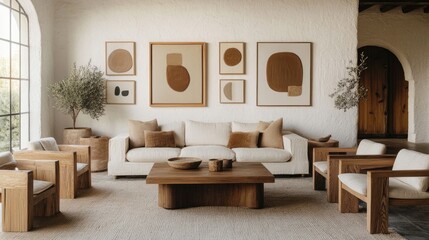 A bright living room with a spacious sofa, a gallery wall, and light wooden furniture.
