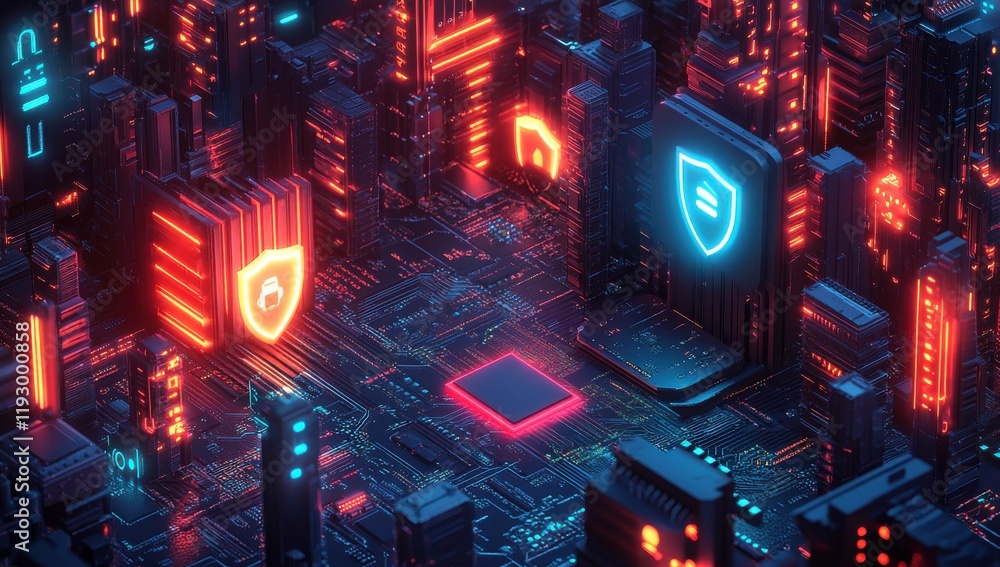 Poster futuristic cybersecurity concept with neon colors in a vibrant cityscape featuring data protection s