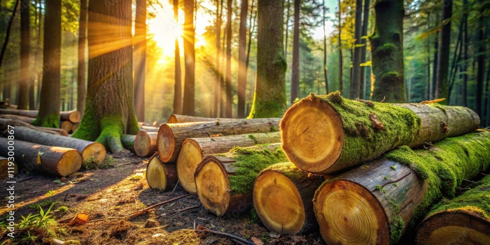 Poster golden sunlight streams through a dense forest, illuminating a stack of moss-covered logs in a seren