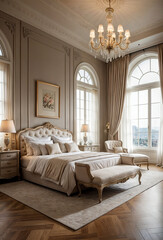 Close-up view of bedroom with bed and chandelier	
