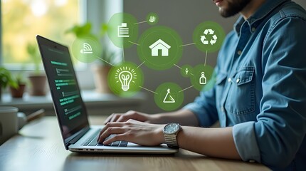 The image shows a person's hands typing on a laptop, with various eco-friendly icons floating above the keyboard. The icons include a recycling symbol, a light bulb, a house, and a leaf with a square 