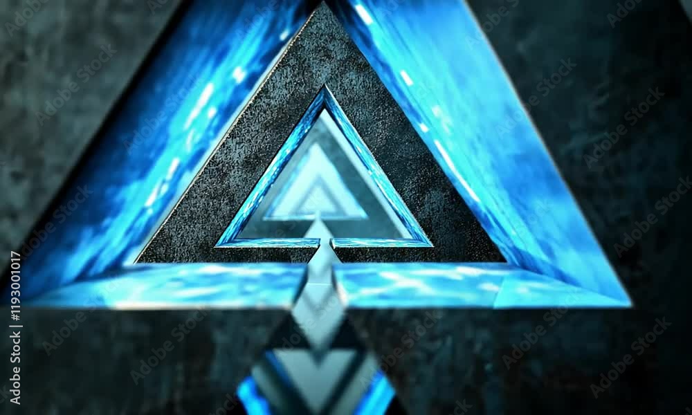 Poster exploration of a 3d triangle tunnel with blue strobe lights illuminating the path ahead