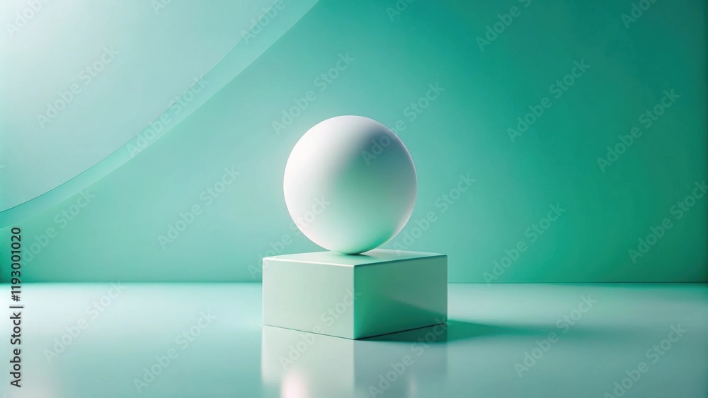 Aufkleber simple sphere resting on a cube against a serene mint green backdrop