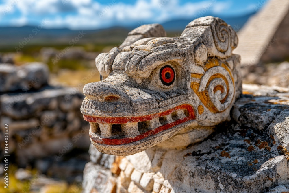 Poster a hyper-realistic close-up of an aztec serpent carving newly discovered on the uxmal pyramid, showca