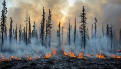 Fototapeta premium Stream of smoke and flame snaking through tree canopies, visualizing the destruction of a forest fire, environmental crisis, and the effects on natural habitats