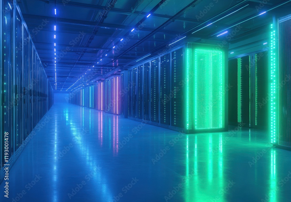 Poster futuristic data center with neon lights and advanced technology setup showcasing colorful server rac