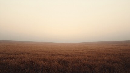 A tranquil landscape capturing a vast golden field under a misty morning sky, evoking serenity and calmness in a softly lit environment at dawn.