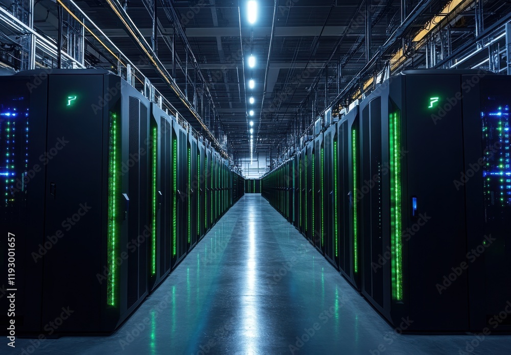 Aufkleber futuristic data center with rows of high-tech servers illuminated by green led lights, showcasing ad