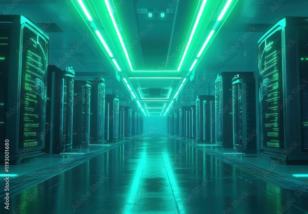 Poster futuristic data center with neon lights and server racks, conveying advanced technology, digital fut