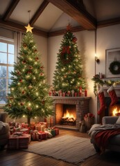 A cozy living room with a large Christmas tree centerpiece and stockings hung by the chimney, warm, holiday