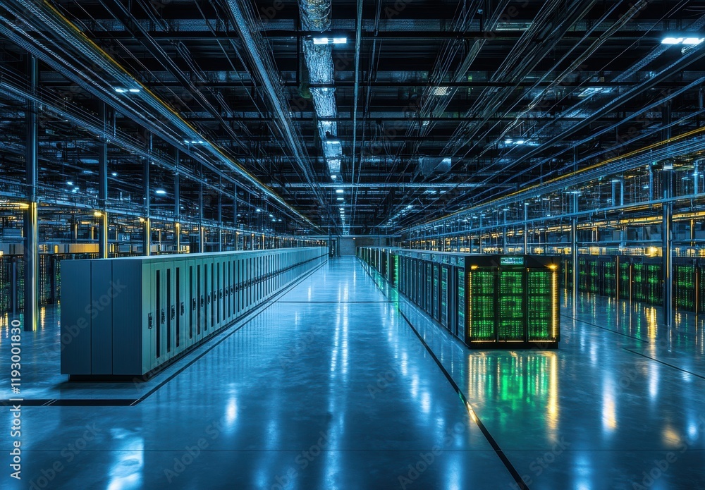 Poster futuristic data center with rows of server racks and bright led lights in an industrial environment,