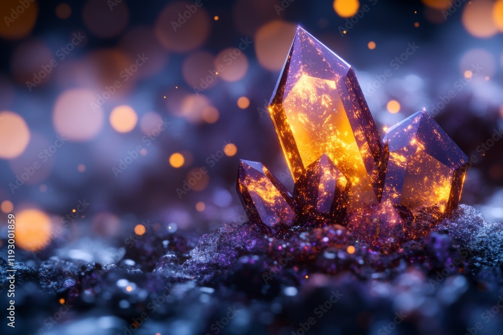 Fototapete A hyper-realistic image of a single fluorescent gemstone glowing vividly under a UV light, with every detail of its internal patterns illuminated in sharp isolation