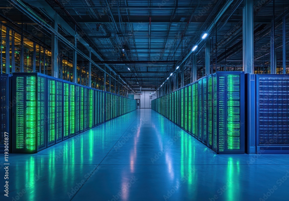 Poster futuristic data center with rows of illuminated server racks and green led lights, showcasing advanc