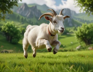 Obraz premium A playful little goat with two curved horns jumping in a green pasture, greenery, kid