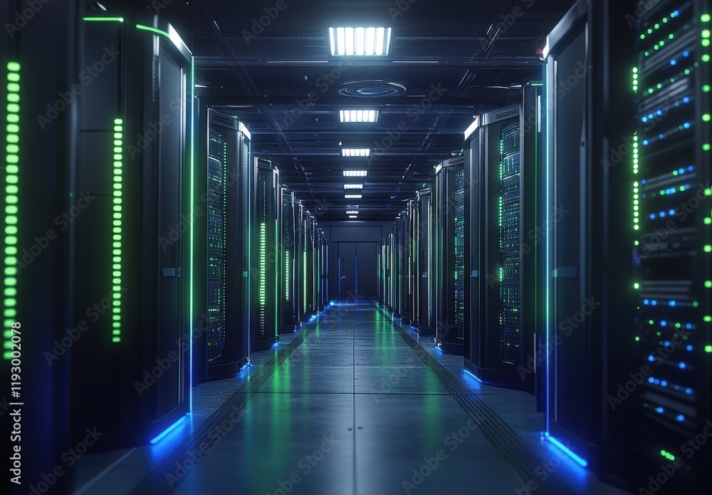 Poster futuristic data center with server racks illuminated by led lights and clean lines, showcasing high-