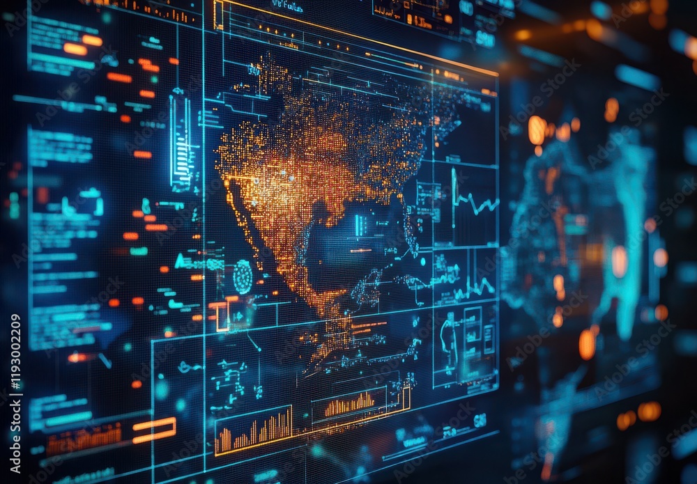 Poster futuristic data visualization of southeast asia with digital interface and high-tech graphics for ad