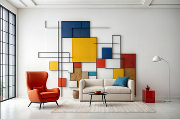 Red wingback chair and white sofa in bright room. Suprematism style interior design of modern living room with abstract geometric shapes. Created with generative AI 