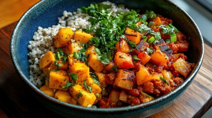 This vibrant bowl features a colorful mix of roasted squash, seasoned grains, and fresh herbs, perfect for a nutritious and appetizing meal.