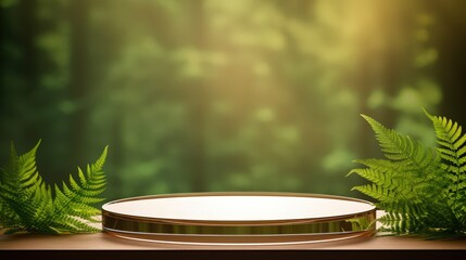 Empty Round Glass Podium Surrounded by Green Ferns in Soft Natural Light for a Presentation Setup or Display