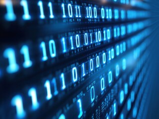 Futuristic Digital Background Featuring Glowing Blue Binary Code with Vivid Matrix-style Effect Representing Technology and Data Processing