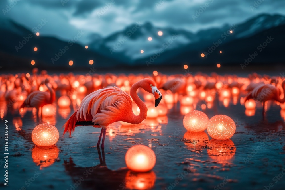 Poster a magical depiction of glowing flamingos on the uyuni flats, surrounded by floating orbs of light an