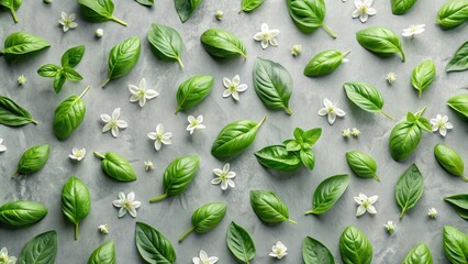 A vibrant pattern of fresh basil leaves and delicate white blossoms arranged on a textured gray surface