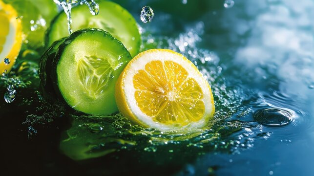 A stunning splash of sliced lemon and cucumber in water, embodying freshness and vitality while creating a visual delight for any thirsty observer.