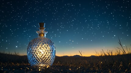 Obraz premium A nighttime still-life scene capturing a delicately cut crystal bottle under a clear star-filled sky, reflecting soft moonlight for a subtle vintage allure