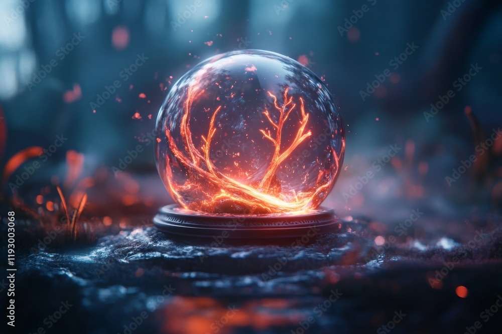 Poster A magical glowing orb floating in isolation under UV light, with intricate runes and ethereal neon patterns swirling around it in a dark mystical setting