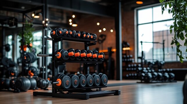 A well-organized rack of dumbbells in a modern gym setting showcases a commitment to fitness and health, creating an inviting atmosphere for workout enthusiasts.