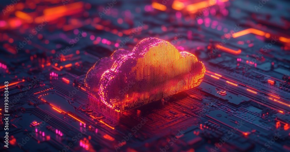 Poster futuristic digital cloud with glowing elements over circuit board background representing data stora