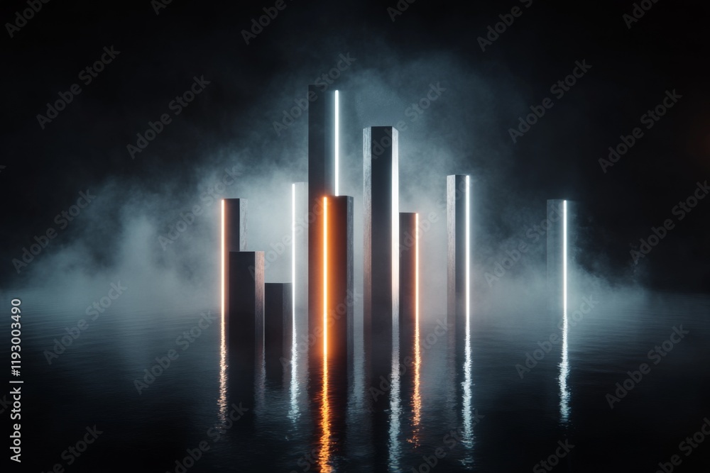 Poster A minimalist depiction of UV light beams highlighting glowing objects, with simple white lines and neon accents on a black background