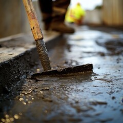 Worker Finishing Concrete Surface at Site