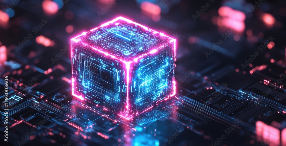 Poster futuristic digital cube surrounded by glowing lines and circuit patterns, representing advanced tech