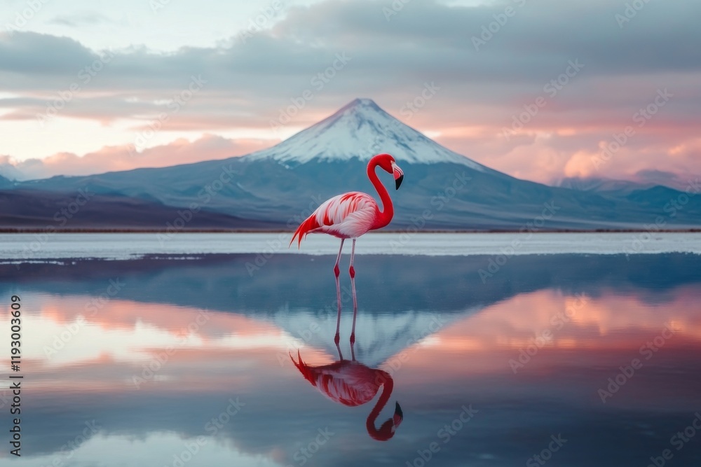 Poster a minimalist depiction of a single flamingo standing on the reflective uyuni flats, represented by s