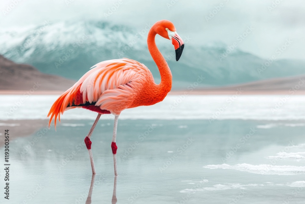 Poster a minimalist depiction of a single flamingo standing on the reflective uyuni flats, represented by s