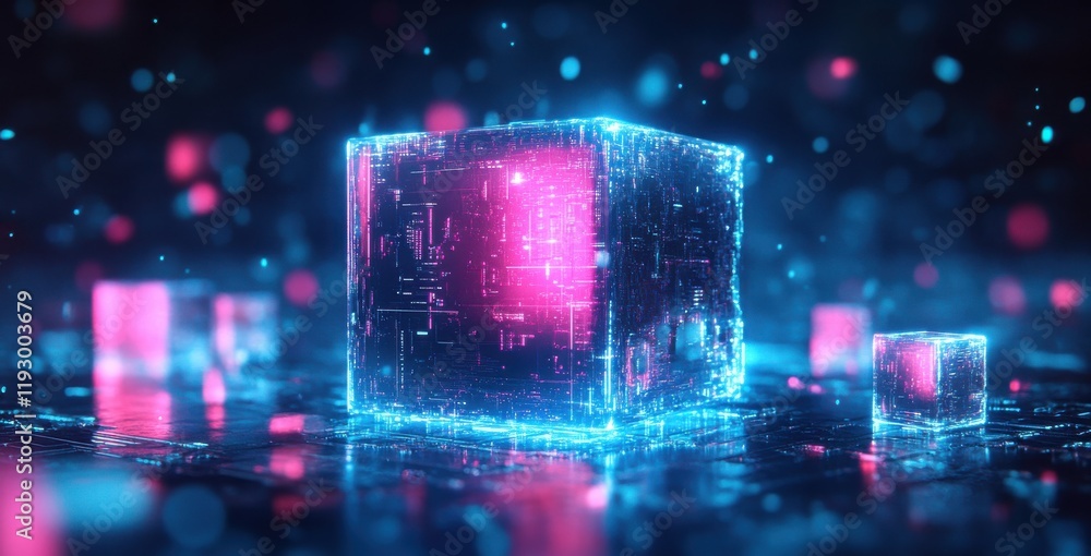 Poster futuristic digital cube with glowing lights and data patterns in a high-tech environment, perfect fo