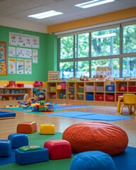 Classroom of a daycare center, empty with no children or teacher, neatly arranged with colorful furniture, educational toys, and bright, inviting decor