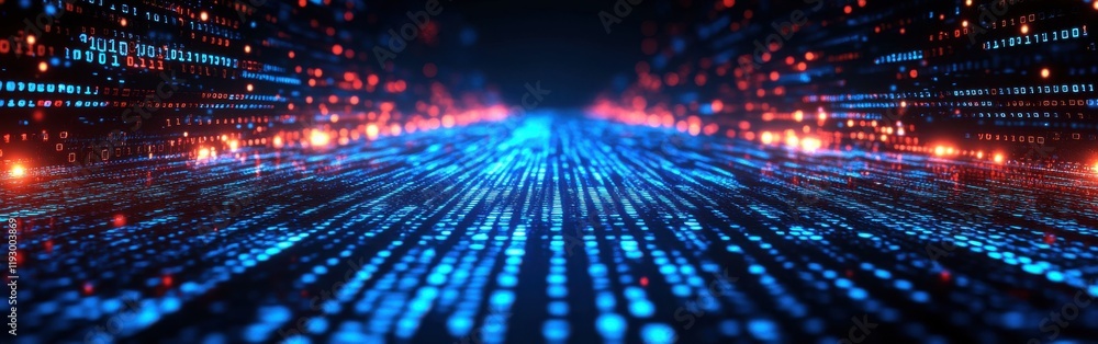 Poster futuristic digital data stream with glowing blue and red binary code flowing through a virtual lands