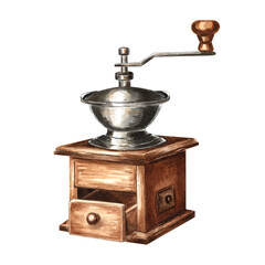 Coffee grinder, manual mill for beans. Watercolor hand drawn illustration isolated. Hand-held wooden kitchen device for preparing a drink from Arabica and Robusta sort. Clipart for Coffee day, menu.