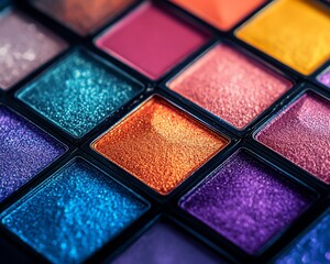 Fototapeta premium Colorful eyeshadow palettes in an array of shades, neatly arranged, demonstrating the beauty and diversity of makeup options, generative AIinspired design for cosmetics